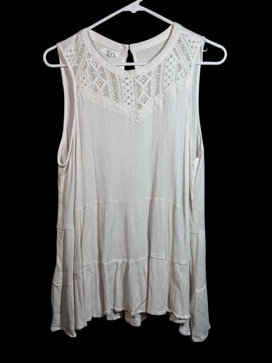 Maurices Tops - Sleeveless White Rayon Tiered Tunic Top With Crochet Lace Trim Detail